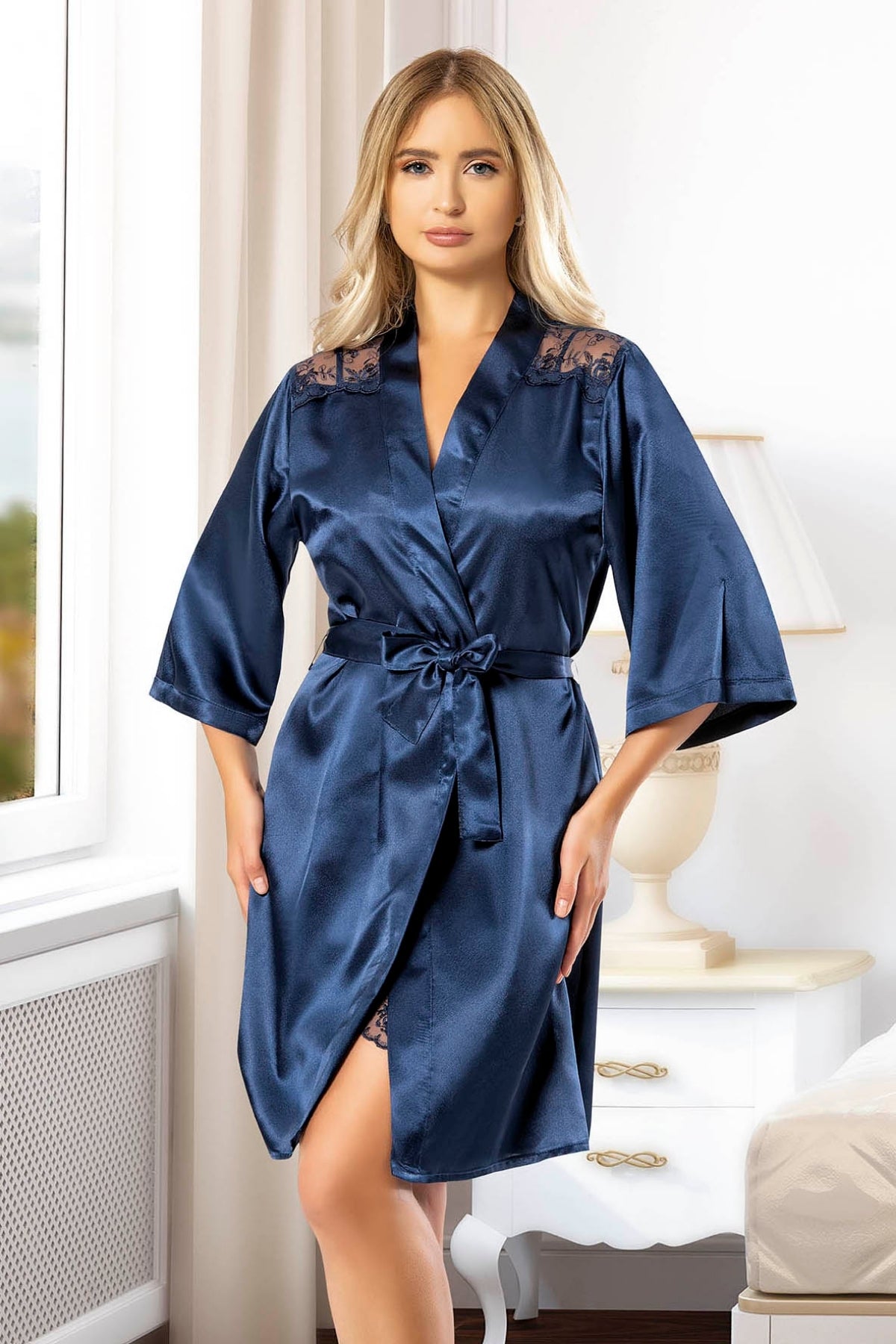 Satin lace detailed nightgown and robe - 2028