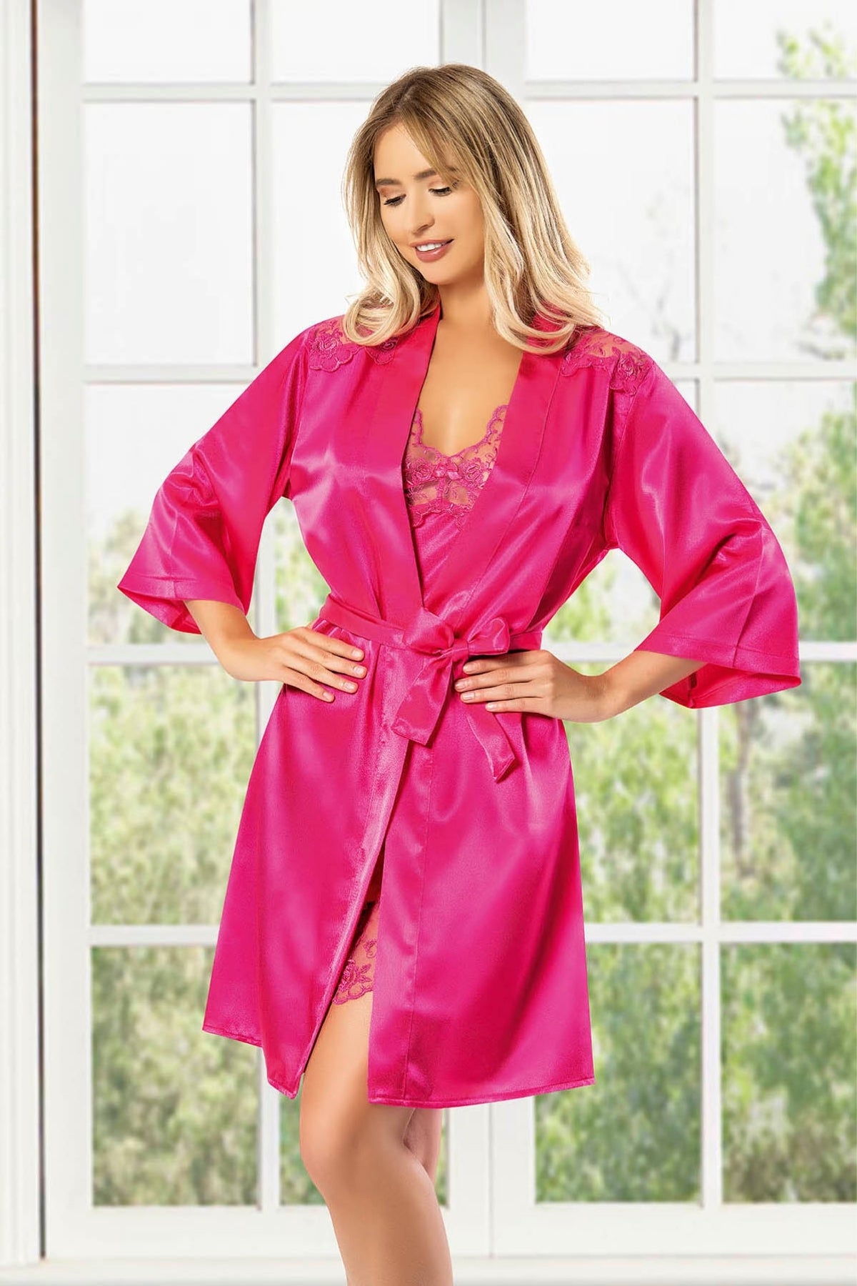 Satin lace detailed nightgown and robe - 2029