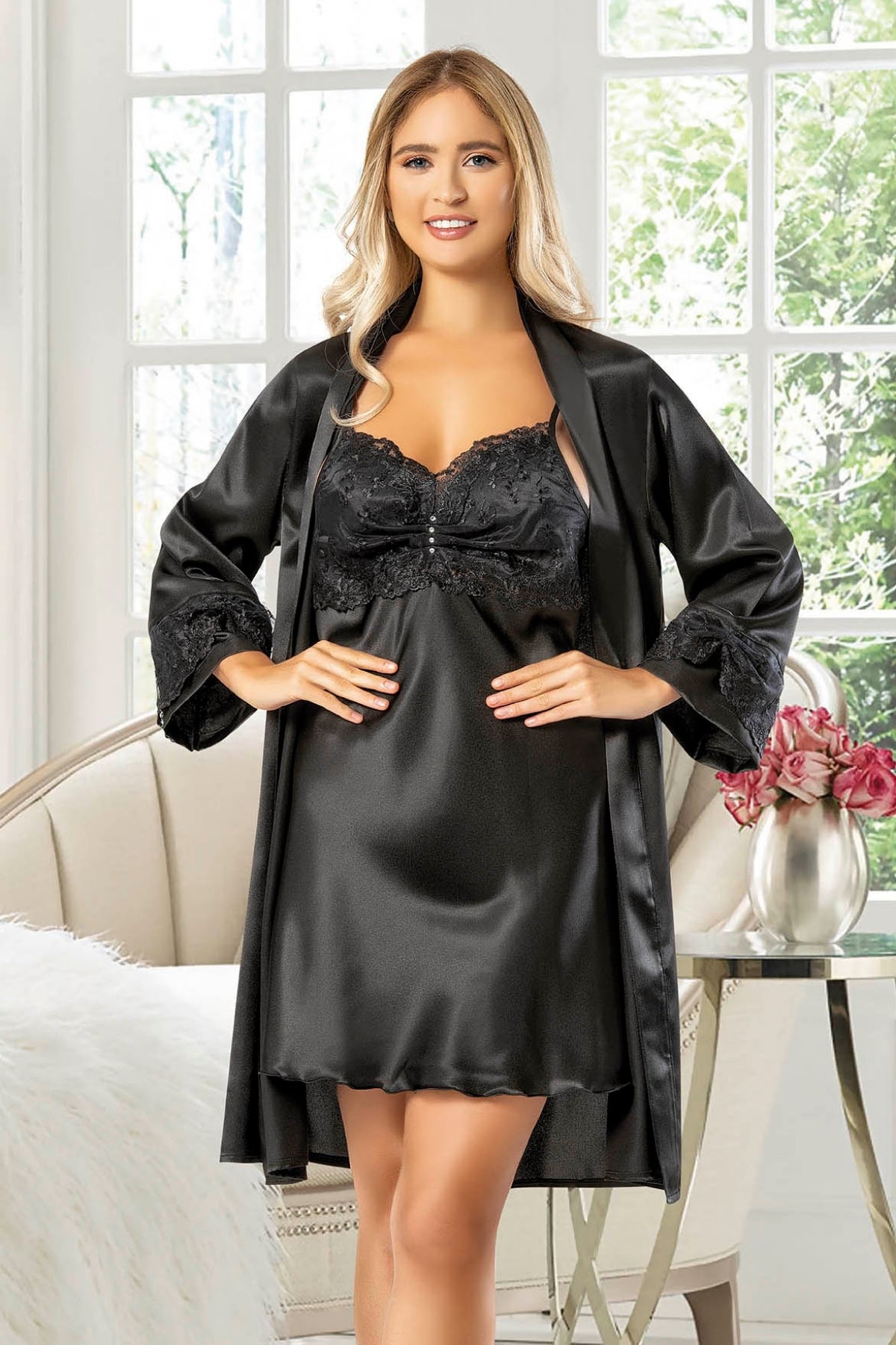 Satin nightgown and robe set with lace detailing - 2031