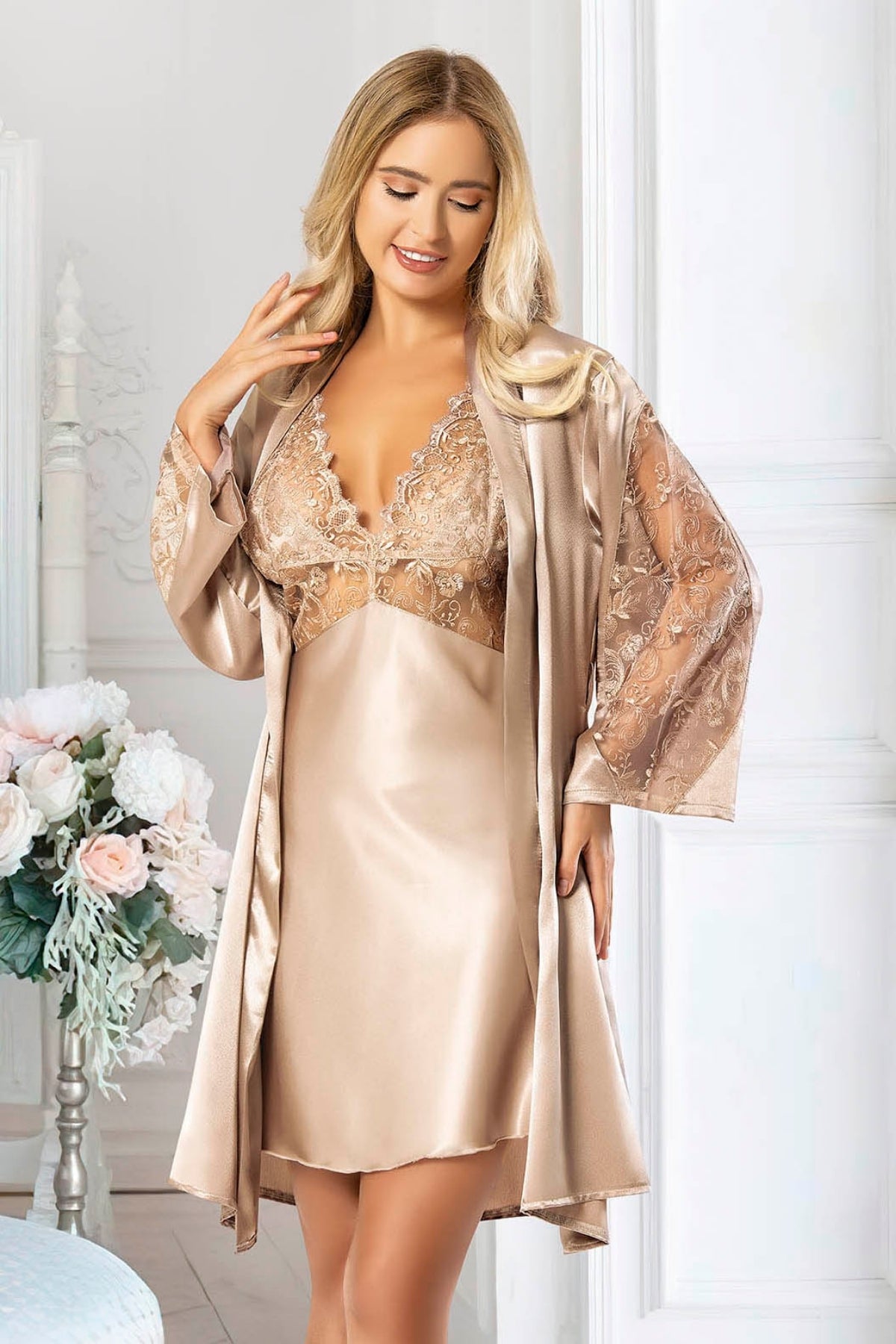 Satin lace-collared nightgown and lace-sleeved dressing gown - 2038