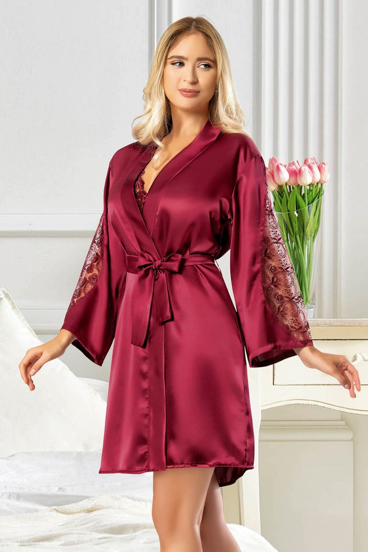 Satin lace-collared nightgown and lace-sleeved dressing gown - 2039