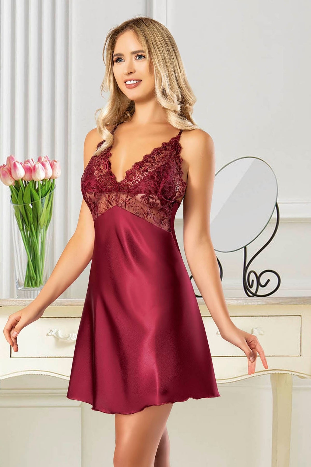 Satin lace-collared nightgown and lace-sleeved dressing gown - 2039