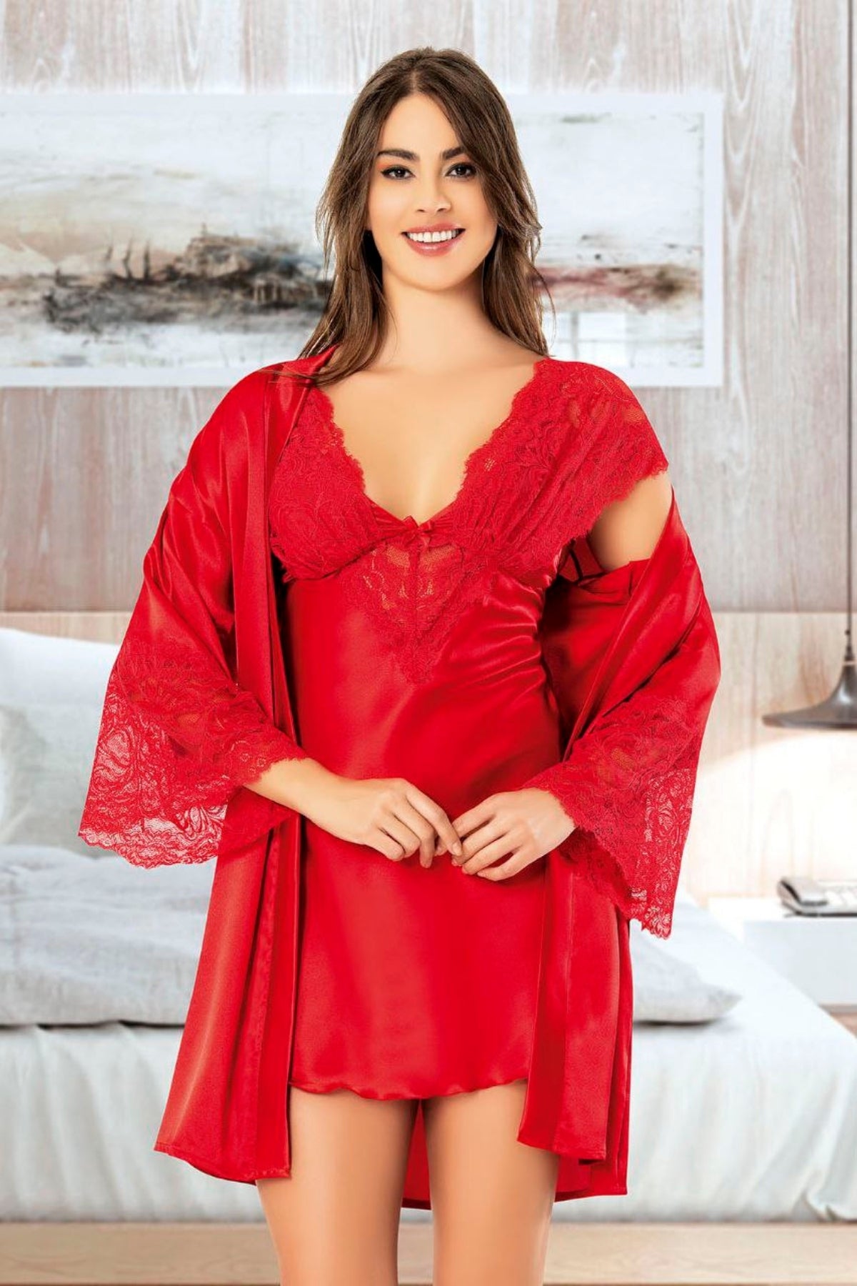 Satin Nightgown and Lace Sleeve Robe - 2060