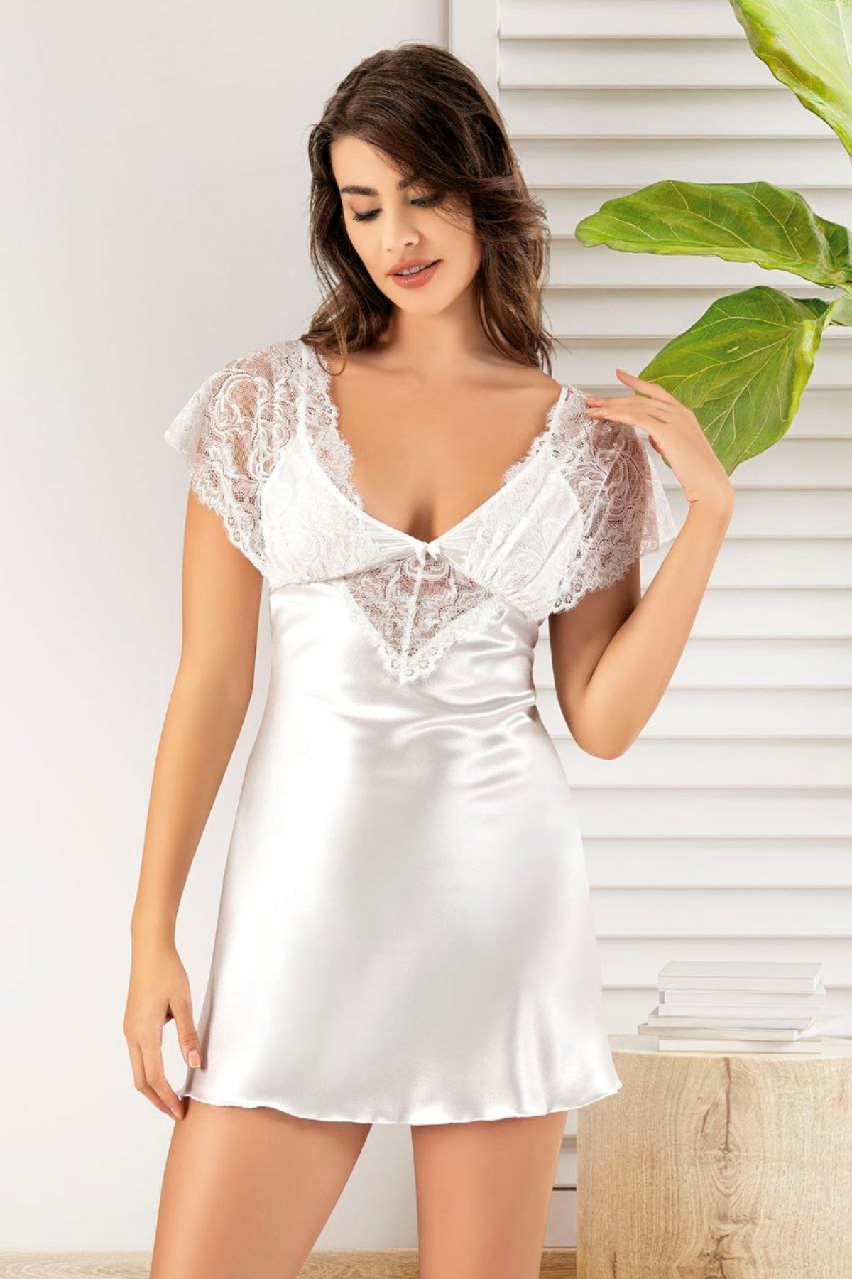 Satin Nightgown and Lace Sleeve Robe - 2063