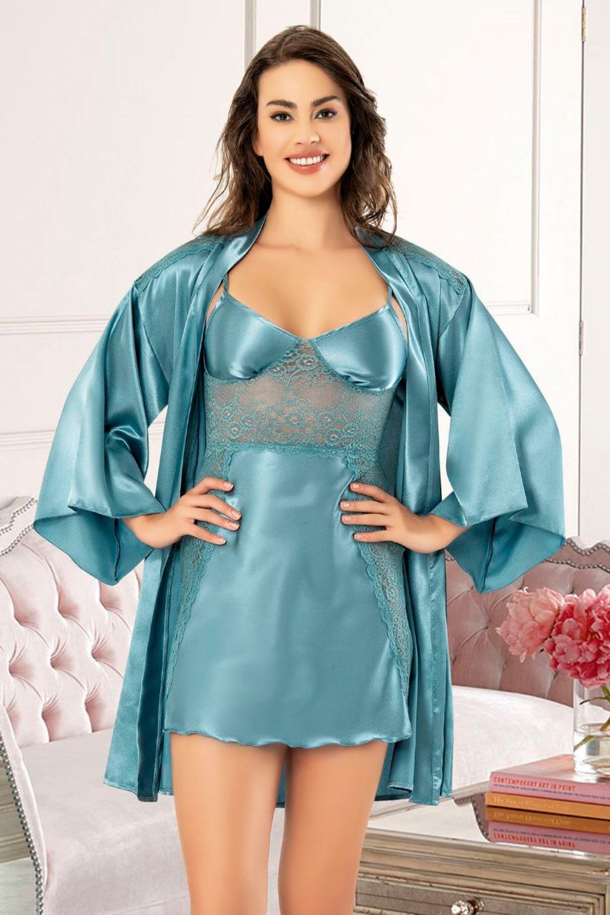 Nightgown With Lace Detail and Satin Robe - 2070