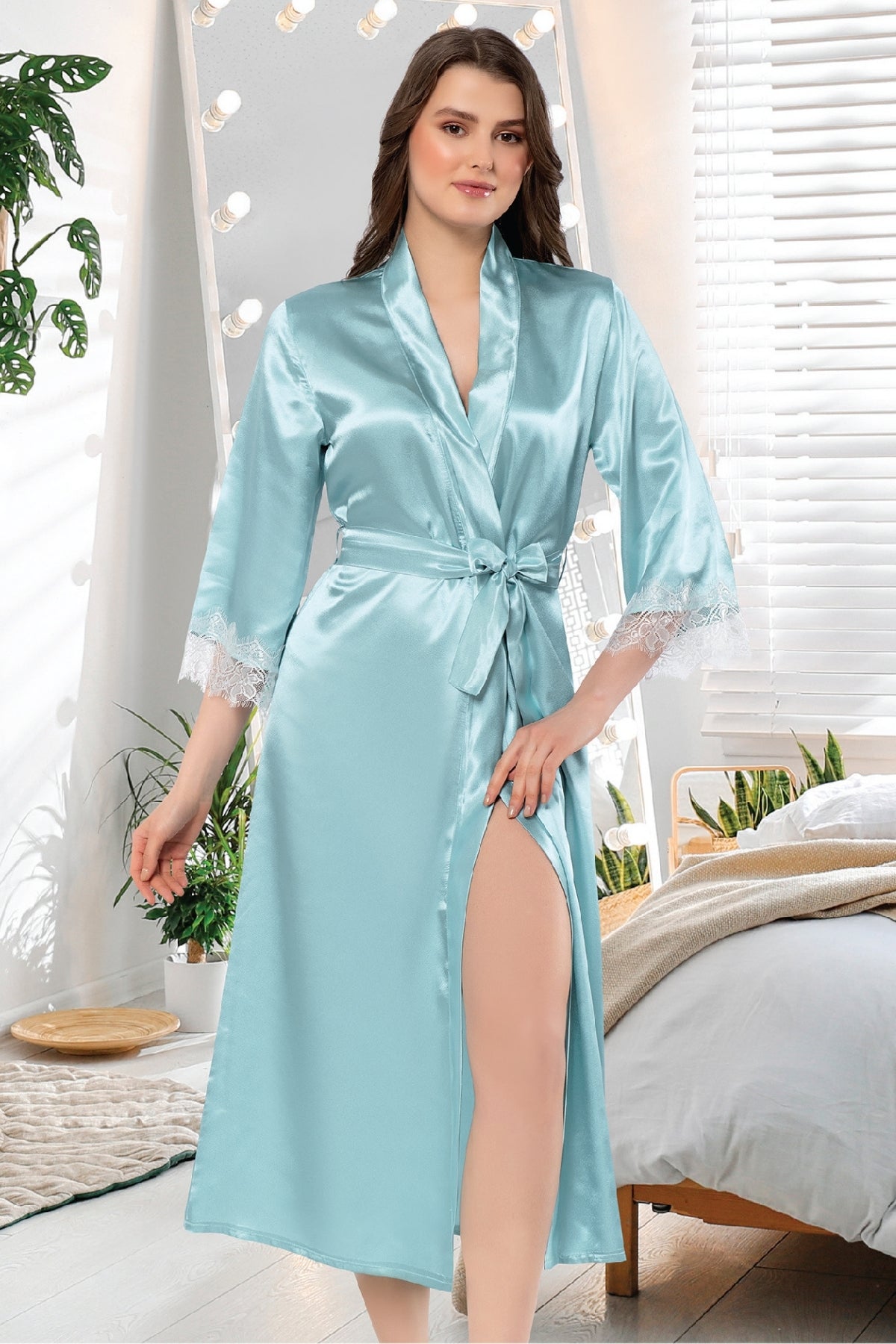 Lace Skirt Nightgown and Satin Robe - 2602