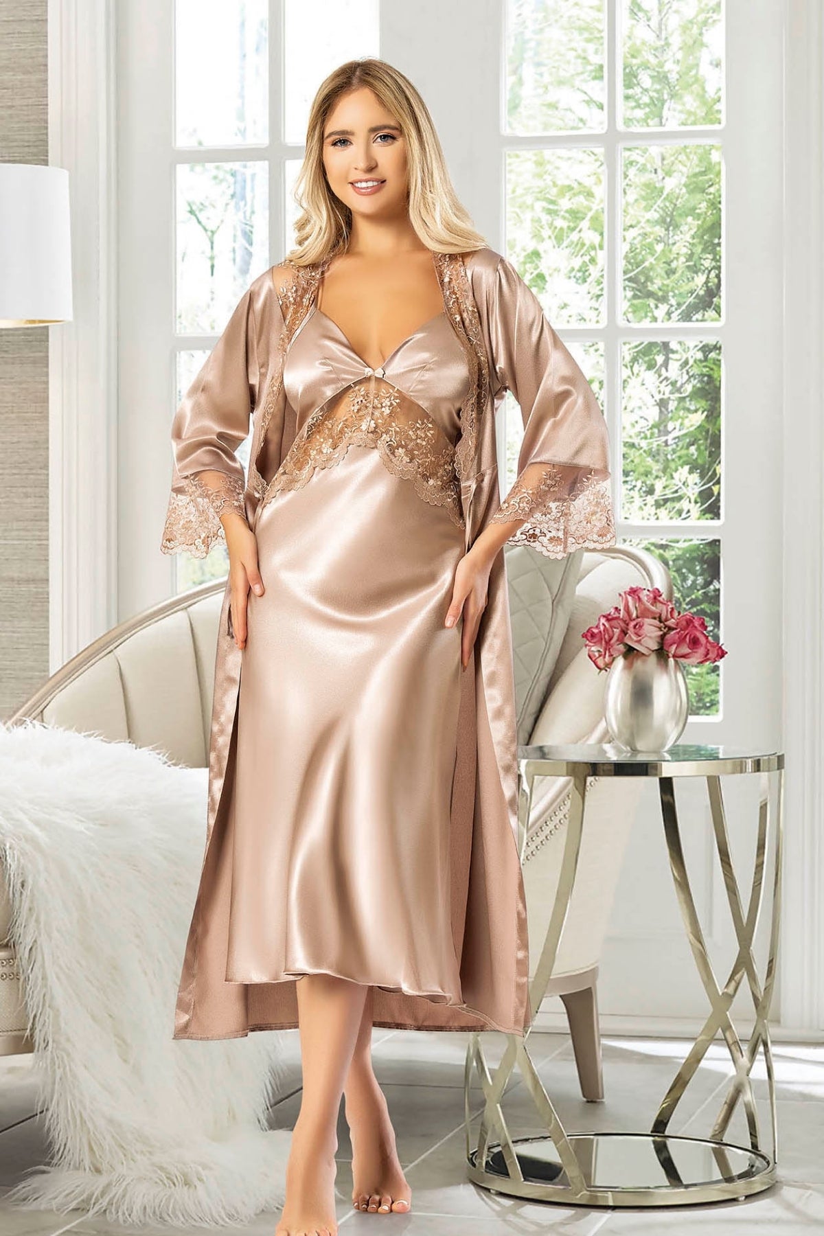 Luxurious Satin Slip and Sheer Lace-Collared Robe - 2607