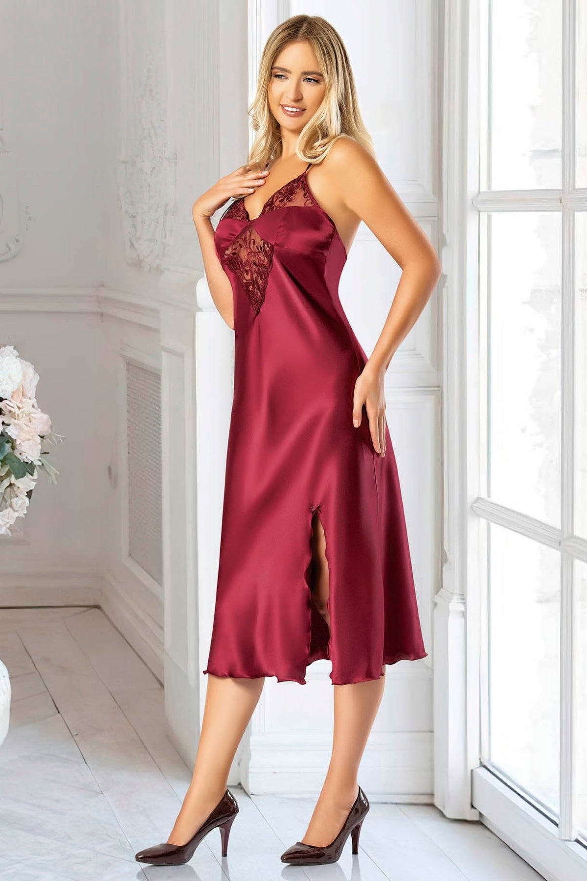 Slit Satin Nightgown and Robe- 2611