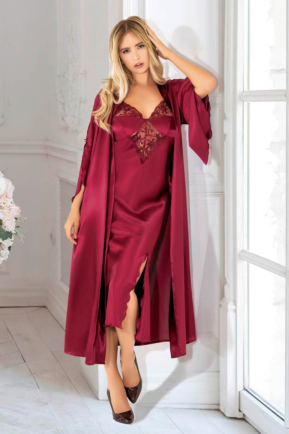 Slit Satin Nightgown and Robe- 2611