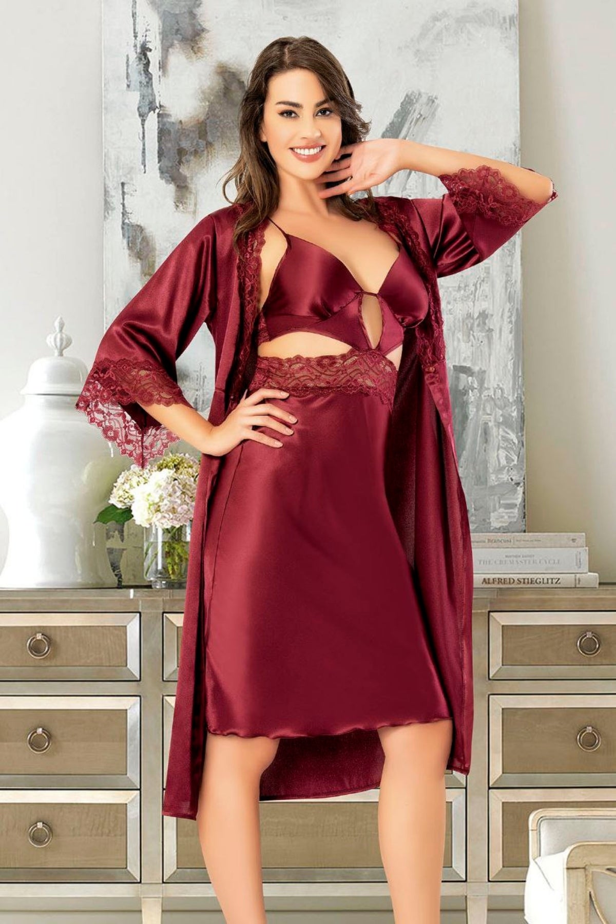 Satin Nightgown and Robe With Lace Details - 2617