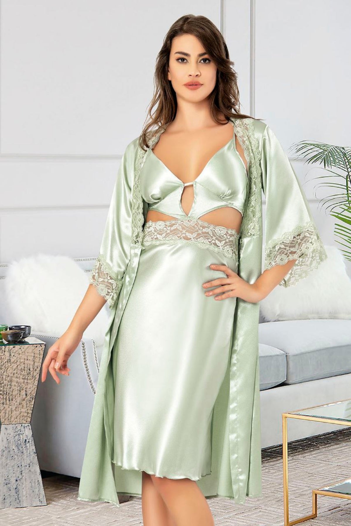 Satin Nightgown and Robe With Lace Details - 2619