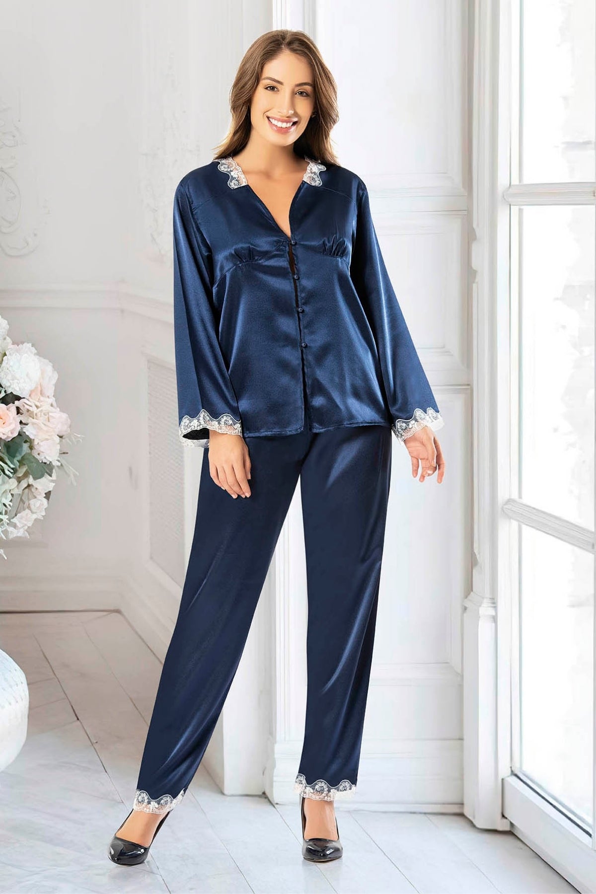 Cozy Satin Pajamas with Lace Accents and Button Detail - 4603