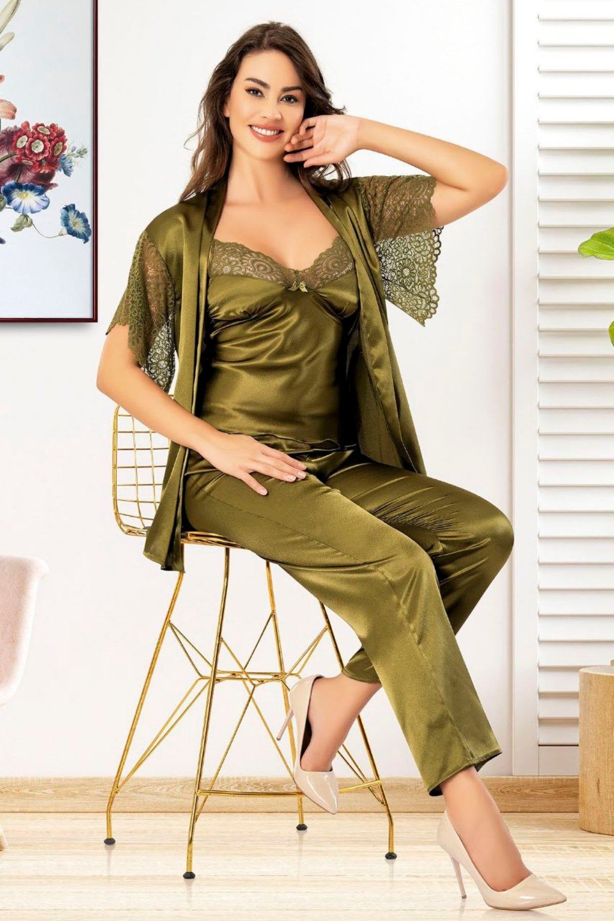 Elegant Satin Pajama Set with Intricate Lace Accents - 4908