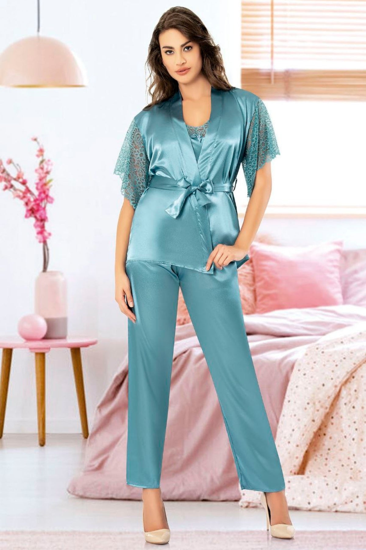 Elegant Satin Pajama Set with Intricate Lace Accents - 4909