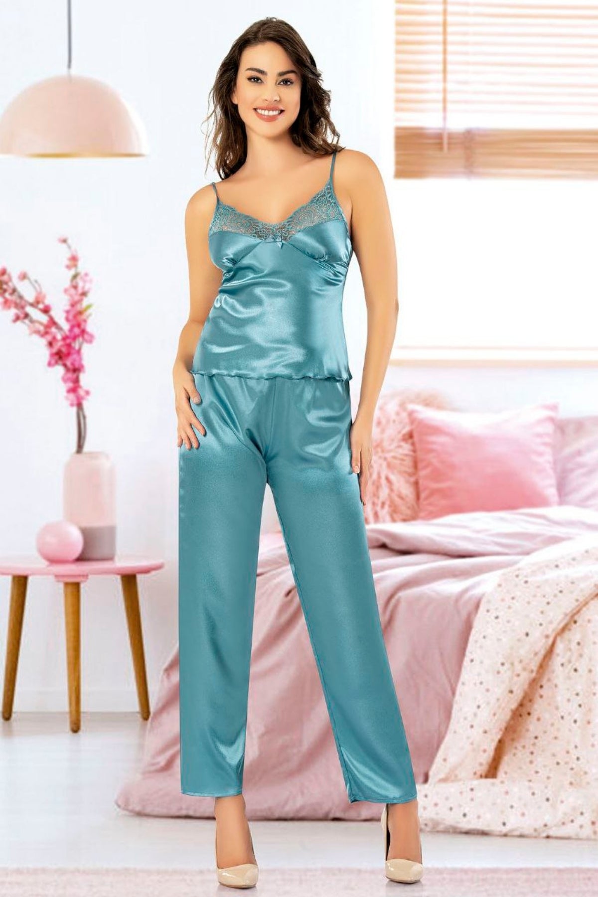 Elegant Satin Pajama Set with Intricate Lace Accents - 4909