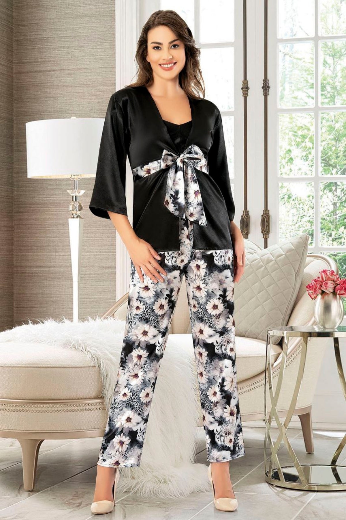 Luxurious Satin Pajama Set with Matching Robe and Floral Design - 4910