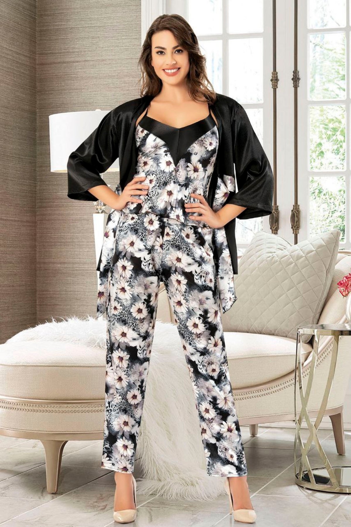 Luxurious Satin Pajama Set with Matching Robe and Floral Design - 4910