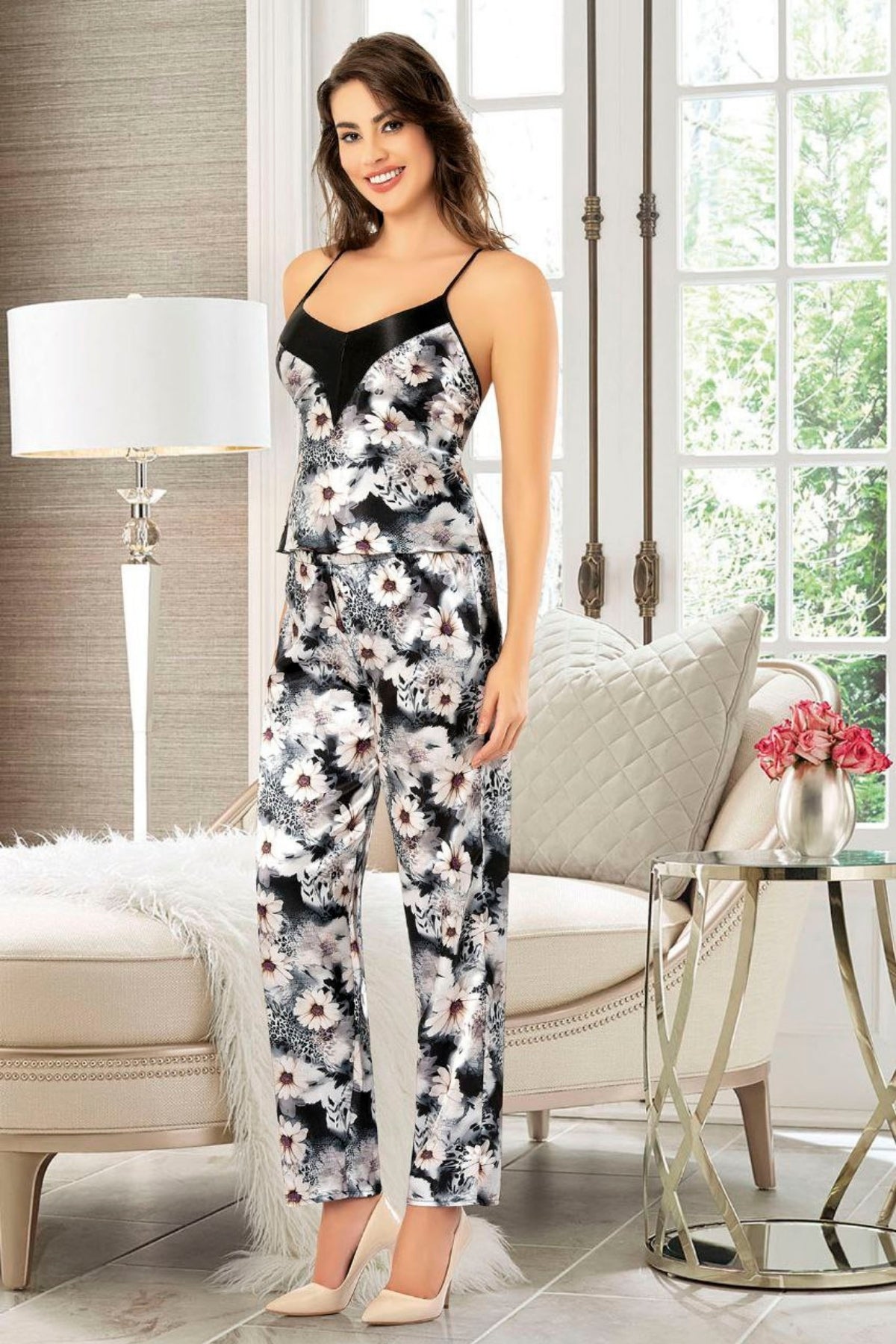 Luxurious Satin Pajama Set with Matching Robe and Floral Design - 4910