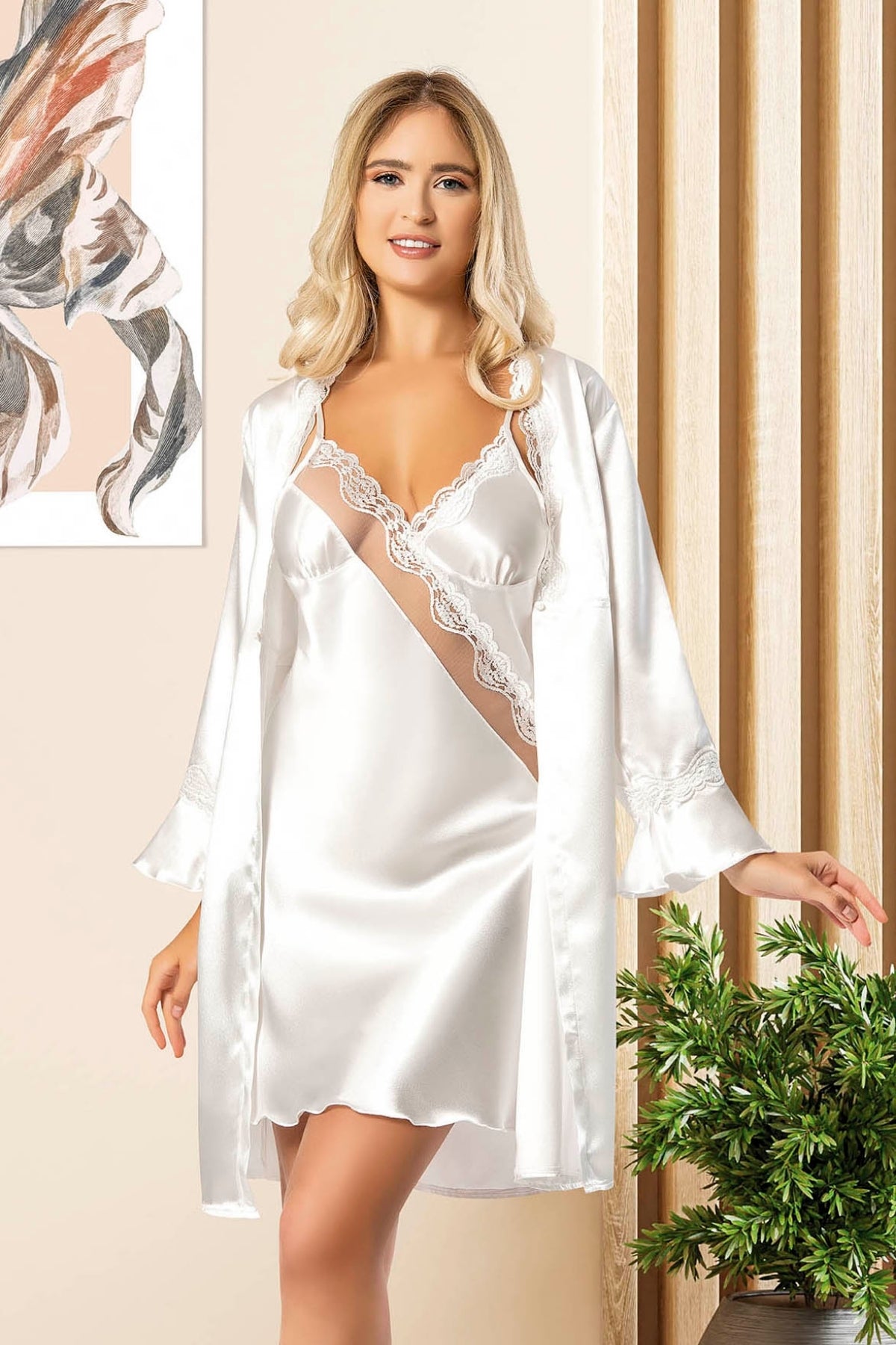 Satin tulle nightgown with lace collar and dressing gown - 2023